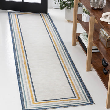 Pollux Classic Coastal Mitred Stripe Reversible Machine-Washable Indoor/Outdoor Area Rug